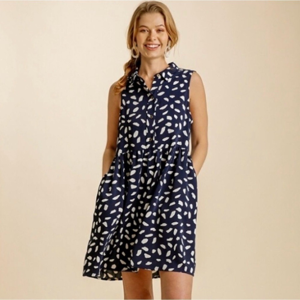 Umgee Dalmatian Abstract Print Sleeveless Babydoll Mini Dress Large Pockets